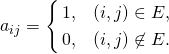 \[a_{ij}=\left\{\begin{aligned} 1, & \quad (i,j)\in E, \\ 0, &\quad (i,j)\not\in E.\end{aligned}\right.\]